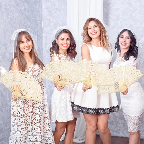 Vista 6 de Beeveer - 6 abanicos de mano plegables de encaje para boda, algodón bordado, color beige Bamboo Staves Silk Tassels, Vintage Retro, Handheld