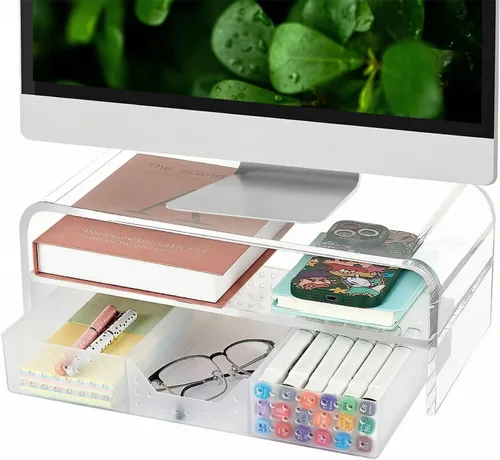 Vista 16 de OPNICE Soporte elevador de monitor doble con cajón y 2 soportes para bolígrafos, organizador de escritorio para suministros de oficina, soporte