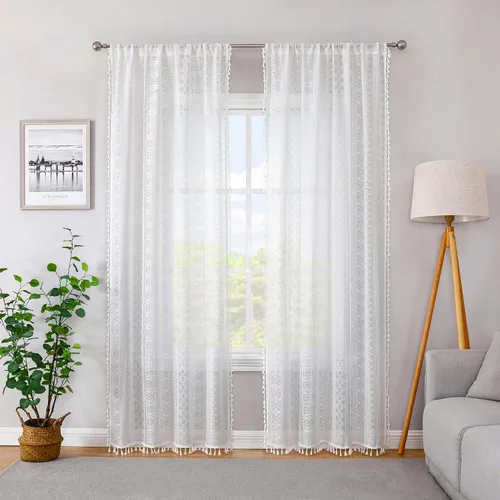 Vista 14 de Cortinas de encaje transparente con borlas de lino bohemio beige, elegante geometría de ganchillo, bolsillo para barra, cortinas de ventana