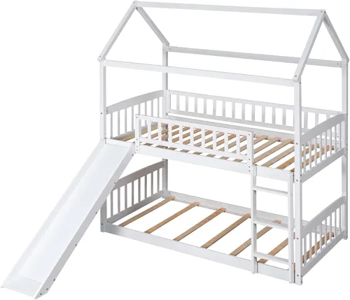 Vista 4 de Harper & Bright Designs Literas de casa para niños con tobogán, marco de litera de madera individual sobre cama individual con escalera