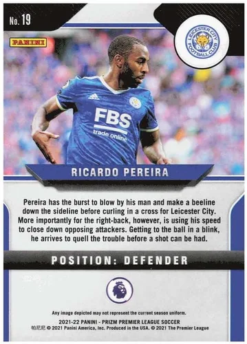 Vista 2 de 2021-22 PANINI PRIZM PREMIER LEAGUE #19 RICARDO PEREIRA LEICESTER CITY SOCCER OFFICIAL TRADING CARD OF THE PRO
