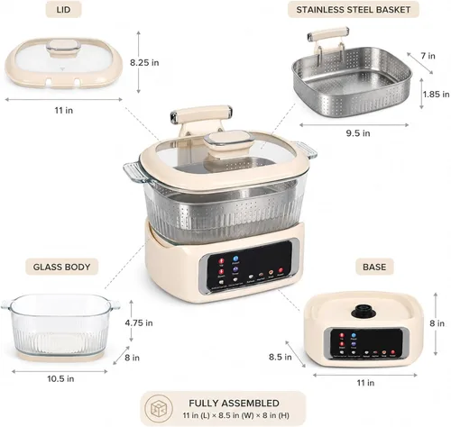 Vista 2 de Arrocera baja en azúcar 4L – Cocina multifuncional de arroz baja en carbohidratos r con cesta de elevación automática, preajuste y temporizador