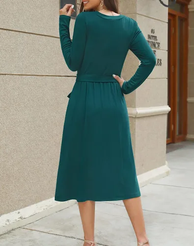 Vista 4 de Zattcas vestido de verano para mujer, acanalado, de manga corta y bolsillos, recatado, con largo por debajo de la rodilla, estilo informal, conjunto
