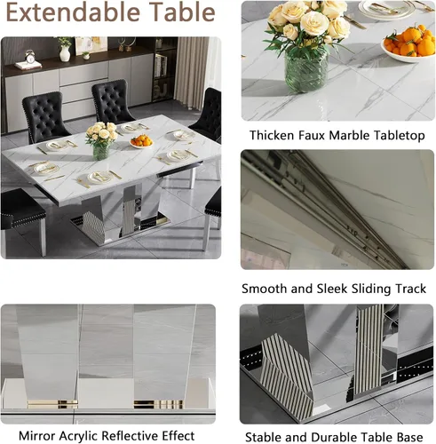 Vista 6 de Juego de mesa de comedor de mármol sintético blanco para 10, juego de mesa de comedor extensible de 11 piezas de 63 a 94 pulgadas con 10 sillas