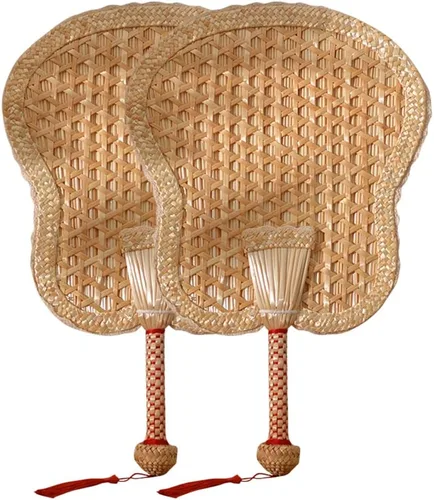 Vista 9 de Abanicos de mano de rafia de bambú natural, abanico de bambú de hoja de palmera, estilo chino, hecho a mano, diseño plegable tejido rústico