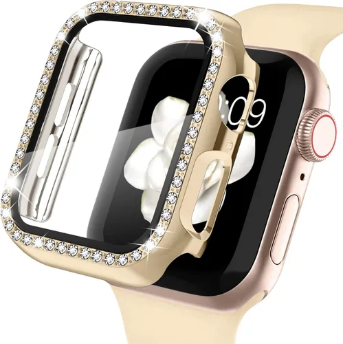Vista 7 de Recoppa funda para Apple Watch con protector de pantalla con cristales brillantes y diamantes de imitación, ultrafina, funda con protección Negro