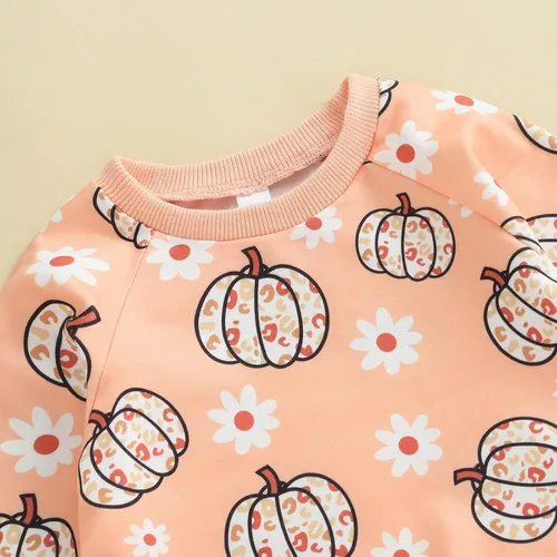 Vista 5 de Conjunto de sudadera de calabaza para niñas pequeñas de Halloween y pantalones cálidos, ropa de otoño e invierno
