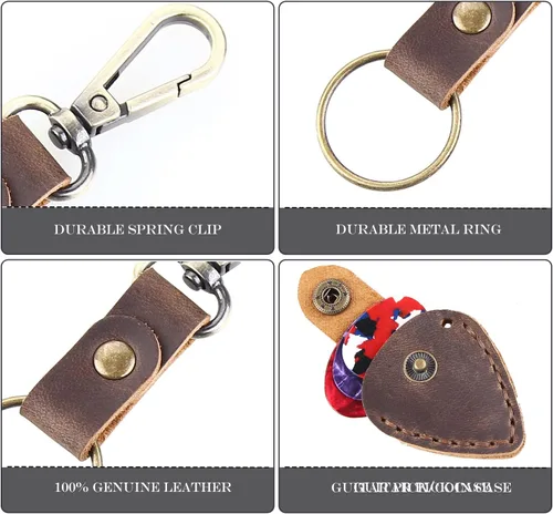 Vista 4 de Llavero con llavero, llavero de cuero hecho a mano para mujeres y hombres, organizador de llavero con funda para púas de guitarra