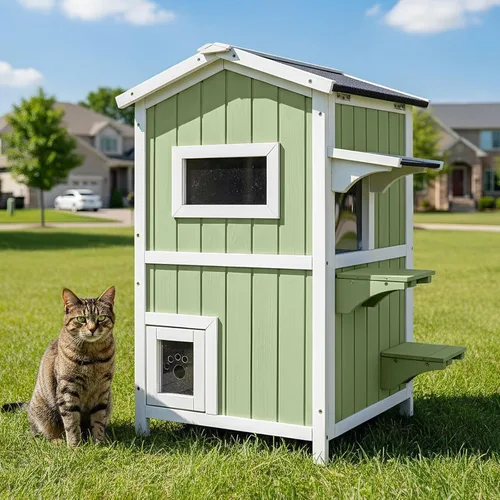 Vista 11 de Casa cálida aislada para gatos de 2 pisos, refugio resistente a la intemperie para gatos con 2 plataformas, capas térmicas, 2 puertas de escape
