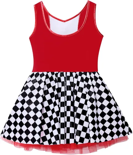 Vista 4 de JEATHA Vestido de leotardo de malla sin mangas con tutú para niñas, disfraz de payaso para Halloween, espectáculo de circo
