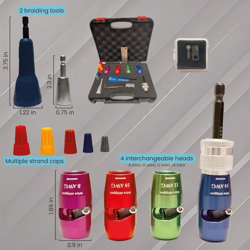 Vista 2 de Kit de herramientas para pelacables y tornado accionado por taladro con 4 cabezales intercambiables y accesorios - Herramienta de conector