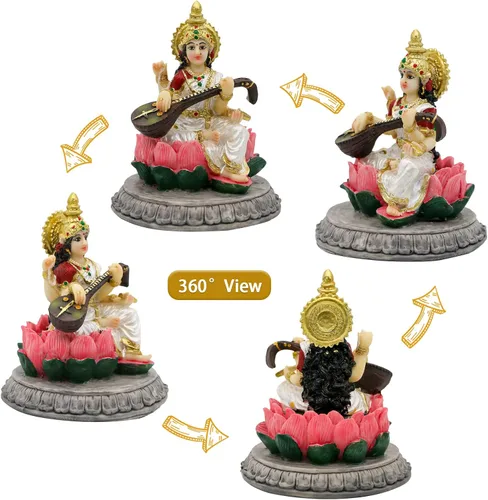 Vista 7 de alikiki Estatua de Sarawati de ídolo indio pequeña de la India, 3.9 pulgadas de alto, figura de diosa hindú Saraswati para decoración de tablero