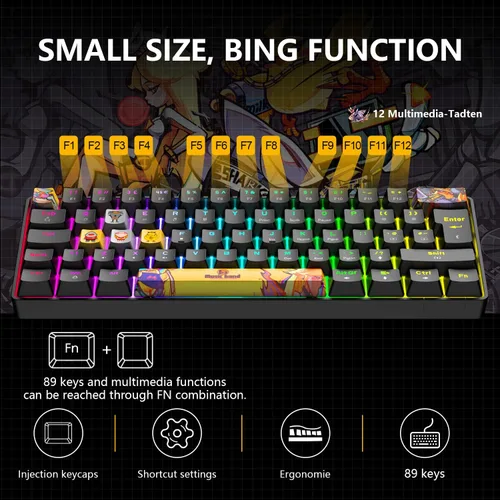 Vista 4 de 60% Mini teclado para juegos con 9 teclas PBT de sublimación de tintes, interruptor rojo, 62 teclas compactas, 18 LED Chroma retroiluminado, teclado