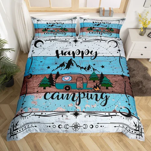 Vista 18 de Erosebridal Juego de funda de edredón de cabaña de cabaña, ropa de cama individual para niños, funda de edredón de campamento feliz, ropa de cama