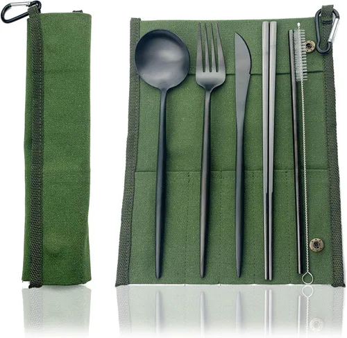 Vista 25 de JASHII Juego de cubiertos de viaje de acero inoxidable, tenedor, cuchara, cuchillo, pajilla, cubiertos reutilizables con estuche, juego de Rosa