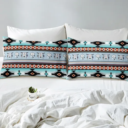 Vista 4 de Juego de ropa de cama de estilo bohemio occidental, tamaño individual, diseño de vaca atrapasueños, sábana bajera ajustable del suroeste, tribu
