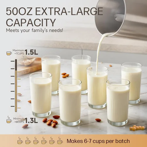 Vista 5 de Máquina para hacer leche de almendras de acero inoxidable 304 (filtro integrado) 50 onzas, 6-7 tazas por lote, licuadora de cocina 8 en 1 para hacer
