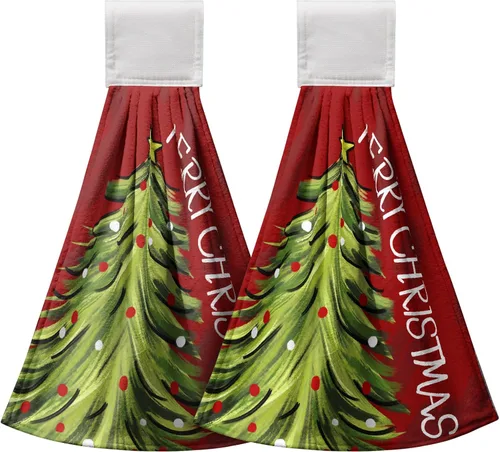 Vista 8 de Toallas de cocina colgantes con diseño de árbol de Navidad, color rojo y verde, toalla de mano de Navidad con lazo para colgar, toallas de cocina