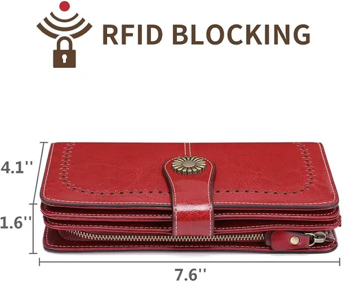 Vista 6 de SENDEFN - Billeteras de cuero genuino para mujer con tarjetero y bloqueo RFID, de gran capacidad y con correa para la muñeca