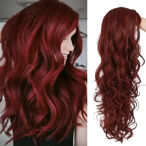 Vista 25 de Kaneles Peluca rizada de color rojo degradado, pelucas de cabello largo ondulado para mujer, pelucas de fibra sintética negra y roja para fiesta