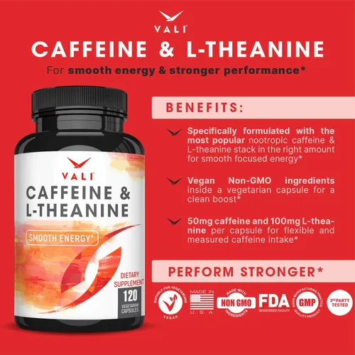 Vista 3 de VALI Cafeína 50mg y L Theanine 100mg - Píldoras de cafeína y L-Teanina para energía inteligente y enfocada y suplemento de concentración. Nootrópico