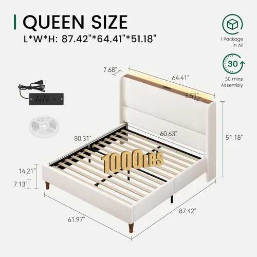 Vista 2 de Base de cama tamaño Queen con luces LED y estación de carga, base de cama de plataforma tapizada de lino con cabecera de 51.2 pulgadas de alto tipo