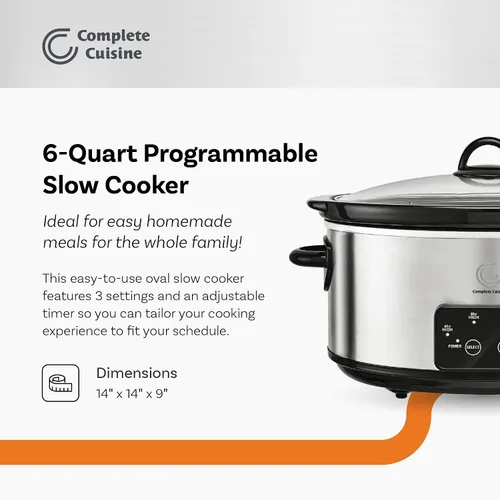 Vista 2 de Complete Cuisine CC-6200-SS-PG Olla de cocción lenta programable de 6 cuartos de galón, olla de cocción lenta ovalada de acero inoxidable con tapa