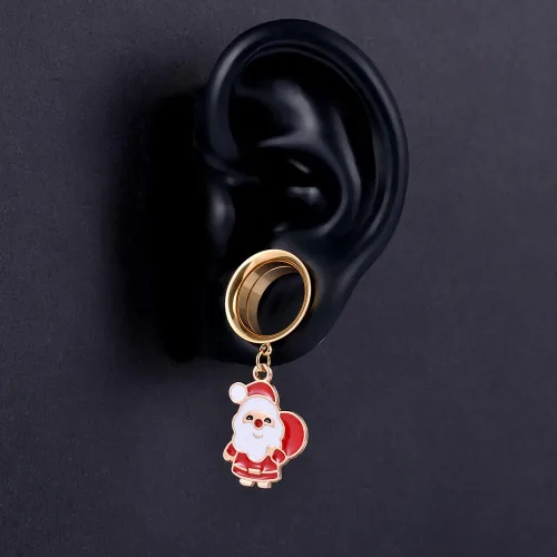 Vista 2 de PUNKYOUTH Christmas Style Gold Dangle Ear Gauges Double Flared Plugs Tunnels Stainless Steel Screw Back Earrings Santa Claus Snowman Gauge 2g to 1