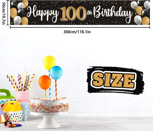 Vista 2 de Decoración de feliz cumpleaños número 100, globo negro y dorado número 100, cartel grande de telón de fondo de cumpleaños, decoración de fiesta