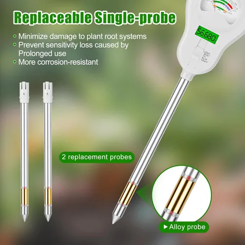 Vista 6 de SPECILITE Probador de suelo 6 en 1, medidor digital de humedad del suelo/medidor de PH/luz solar/temperatura/monitor de fertilidad con 2 sondas