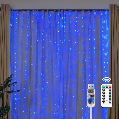 Vista 10 de Brightown 300 luces LED de cortina de hadas, 9.8 pies x 9.8 pies, enchufe USB, 8 modos de iluminación, tira de luces LED de Navidad colgantes