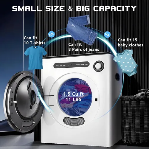 Vista 6 de Secadora de ropa portátil de 110 V y 970 W, capacidad de 11 libras, compacta, para espacios pequeños, casas rodantes y apartamentos silenciosos