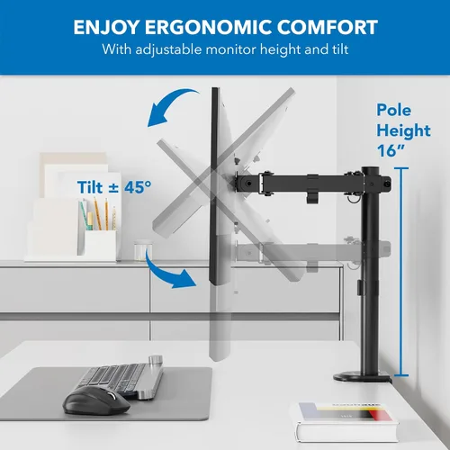 Vista 3 de Mount-It! Soporte de escritorio para dos monitores, soporte para pantallas de computadora LCD LED, atril con abrazadera con dos brazos articulables