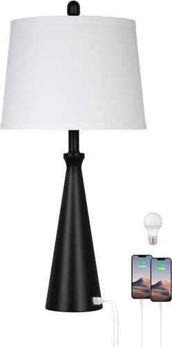 Vista 2 de Rinweey 28" Black Touch Table Lamp with USB A+C Ports, 3-Way Dimmable Bedroom Lamp for Night Stand, Tall Modern Touch Lamp for Living Room End