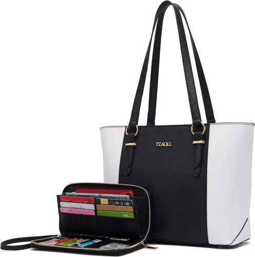 Vista 22 de YZAOLL Bolsos para mujer de cuero sintético, medianos y grandes, bolso de hombro, cartera, juego de bolso de mano y billetera