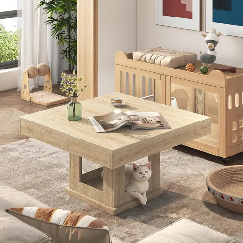 Vista 9 de [Usado] knoworld Mesa de centro cuadrada, mesa de centro de madera con almacenamiento y casa para gatos, mesa de cóctel para sala de estar, mesa