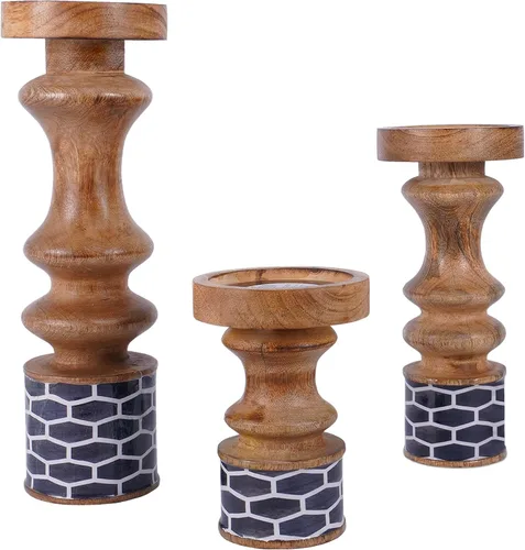 Vista 13 de Mela Artisans Pakshi - Juego de 3 portavelas de madera de mango de 6, 9 y 12 pulgadas, color blanco envejecido, portavelas de madera para mesa