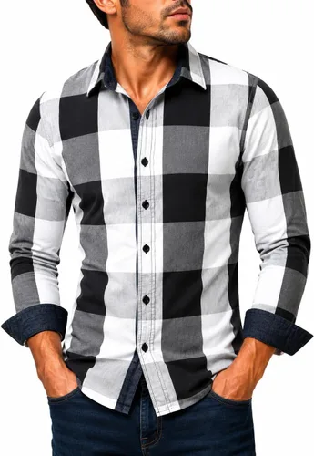 Vista 6 de Camisas Fredd Marshall para hombre, manga larga, ajustadas, 100% algodón a cuadros Negro