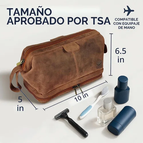 Vista 3 de Neceser de cuero para hombre - Kit Dopp para viajes, afeitado, viajes nocturnos, Marrón, M