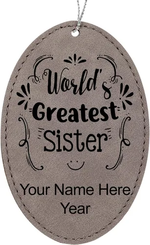 Vista 10 de LaserGram Personalized Christmas Ornament, World's Greatest Sister, Faux Leather, Custom Laser Engraved Gift Idea (Oval Shape, Black with Gold)