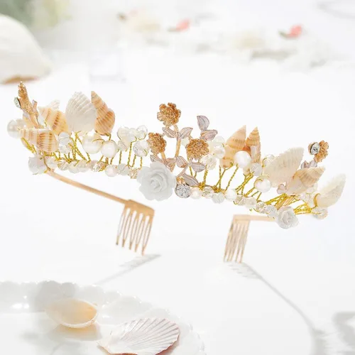 Vista 2 de Campsis Corona dorada para niñas, corona de concha, pieza de pelo de princesa, cumpleaños, cosplay, accesorios para el cabello para mujeres y niñas