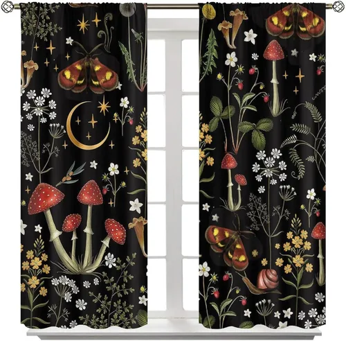 Vista 2 de Cortinas de hongos, tratamiento de ventana con estampado botánico de plantas para sala de estar, cortinas para el hogar, 2 paneles, decoración de 42