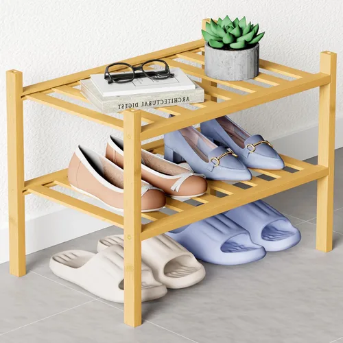 Vista 43 de Smiry Zapatero de bambú para armario, organizador de zapatos de madera de 3 niveles, estante apilable de almacenamiento de zapatos de madera