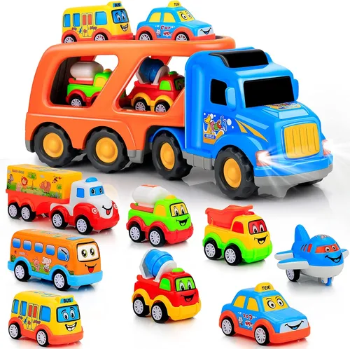 Vista 9 de Paquete de 9 autos de juguete para niños y niñas de 2, 3, 4, 5 años, camión de transporte grande con 8 pequeños camiones de tracción y lindos, juego