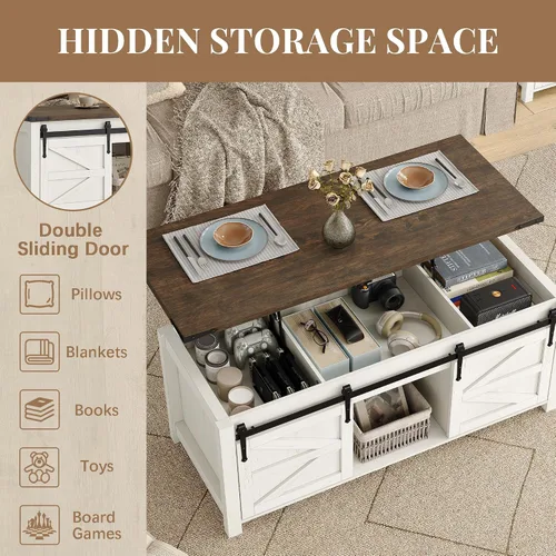 Vista 5 de Furnihold Mesa auxiliar de 47.3 pulgadas con almacenamiento, mesa de centro de madera de granja con parte superior elevable, puertas corredizas