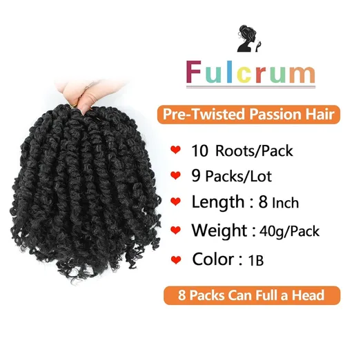 Vista 2 de Fulcrum Pelo de ganchillo Passion Twist de 8 pulgadas, 9 paquetes de cabello pretrenzado y prerrizado para mujeres negras (8 pulgadas