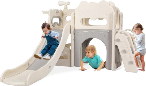 Vista 10 de MAMIZO Tobogán grande 8 en 1 para niños pequeños, tobogán en forma de L con pendiente larga, juego de escalador para bebés con escalones cerrados