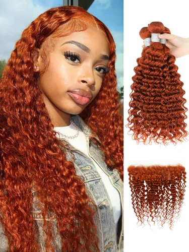 Vista 44 de Cabello Humano Rizado Castaño Rojizo, Trama Gruesa Castaño Cobrizo Rojo Coloreado Ondas Profundas Paquetes Individuales Cabello Humano 12A Tejido