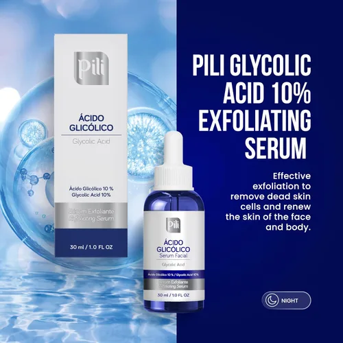 Vista 2 de Pili Ácido glicólico 10% de concentración – Suero iluminador, suavizante y exfoliante con AHA para colágeno y renovación celular Botella de 1