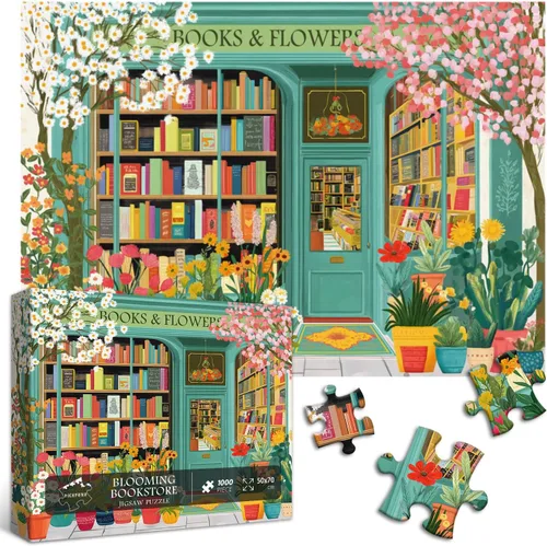 Vista 2 de PICKFORU Rompecabezas de Libro 1000 Piezas, Rompecabezas de Flores de Primavera para Adultos de Librería, Rompecabezas de Estantería en Flor como